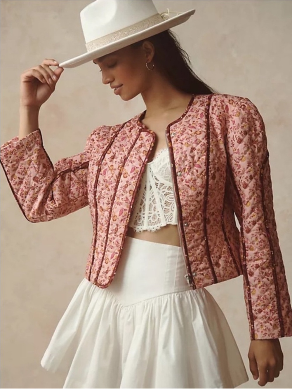 Avec Les Filles Pink Floral Quilted Bomber Jacket with Burgundy Trim - Picture 2 of 10